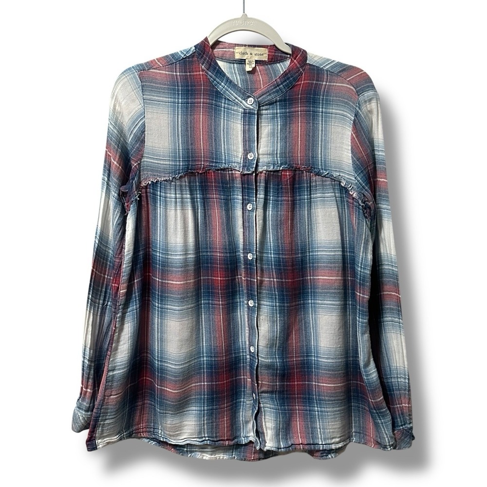 Anthropologie Cloth‎ & Stone Size XS Collarless Plaid Fringe Button Down Blouse